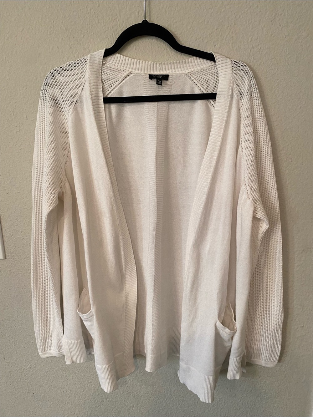 Talbots XLP White Open Front Cardigan Long Oversized Mixed Knit Sweater Pockets